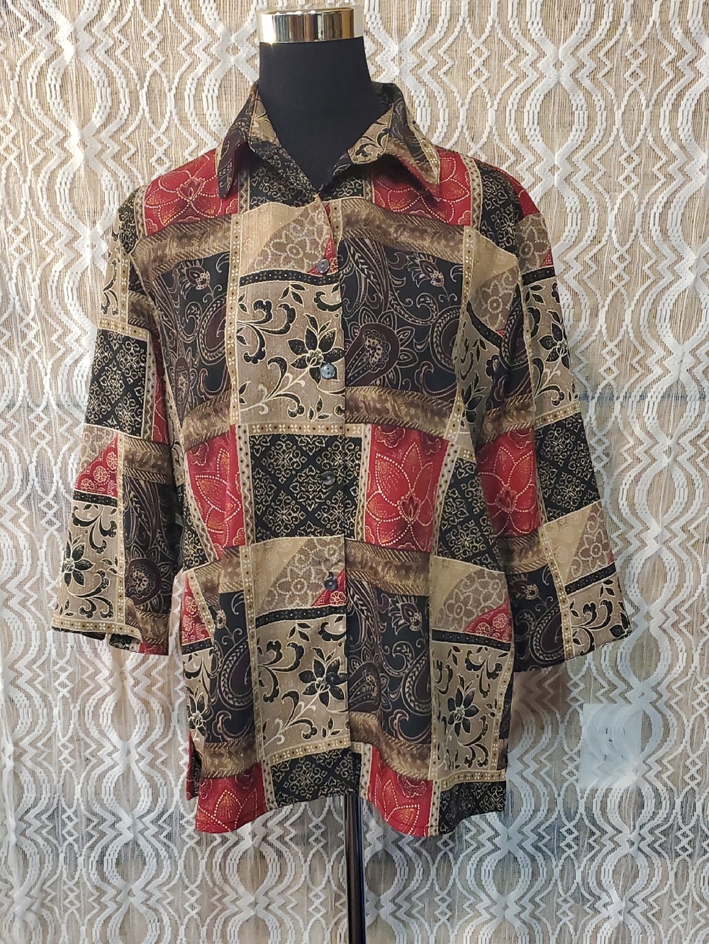 Allison Daley Patchwork Paisley Shirt in Black, Red & Tan